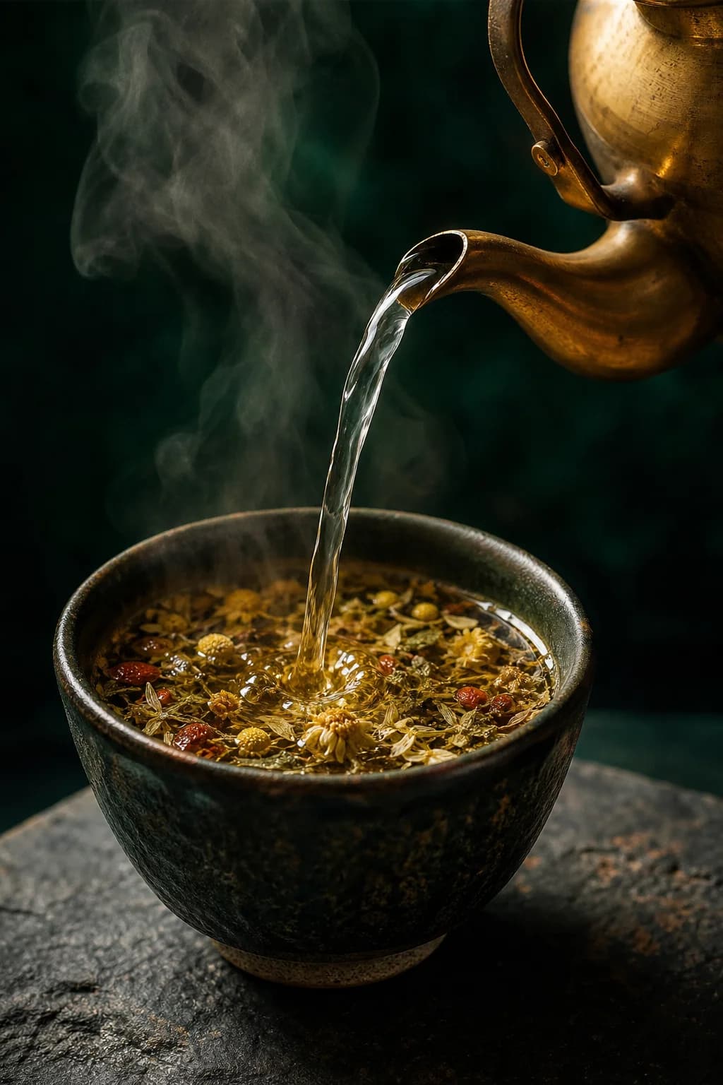 Water poured over loose herbal tea