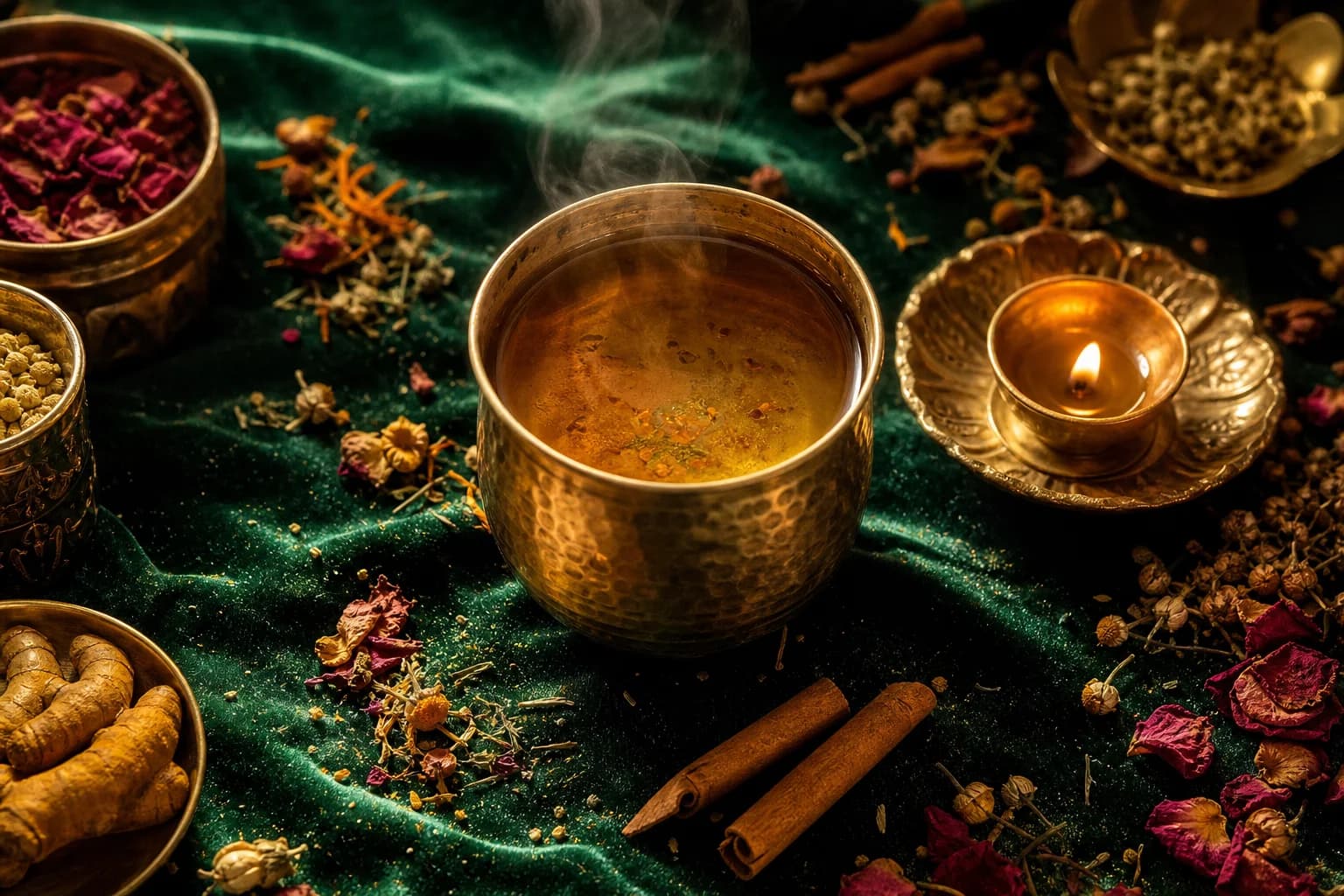 Dried Ayurvedic herbs beside a brass cup