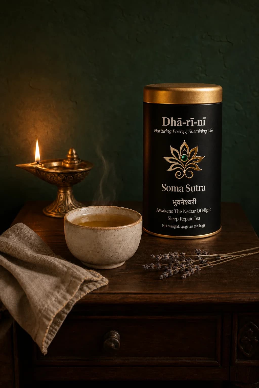 Soma Sutra tin beside a lit brass diya at night